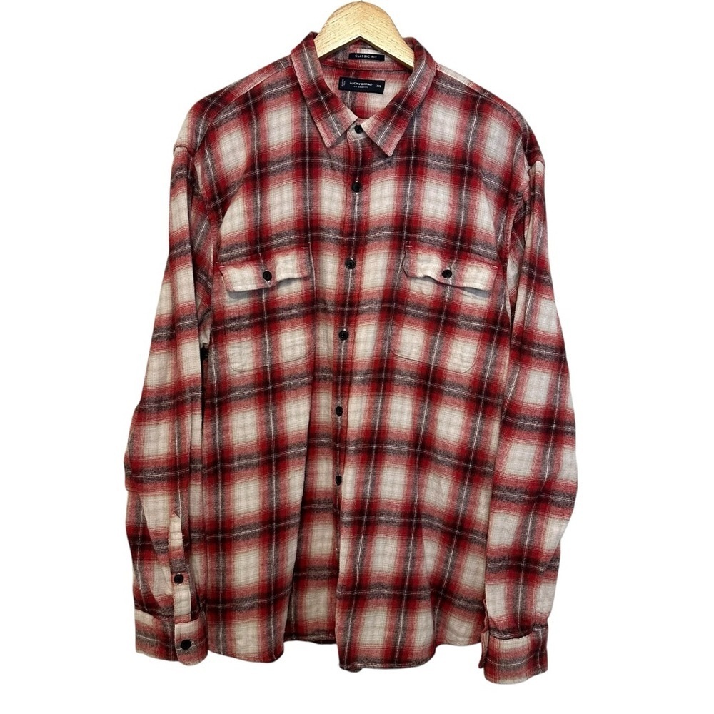 LUCKY BRAND Mens 2XL Red Plaid Button-Down Casual Cotton Classic Fit Long Sleeve